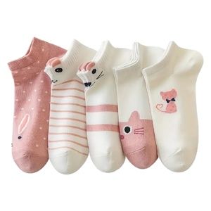 5 Pairs of Cat Print Socks Low Cut Ankle White & Pink Women's Stockings Hosiery